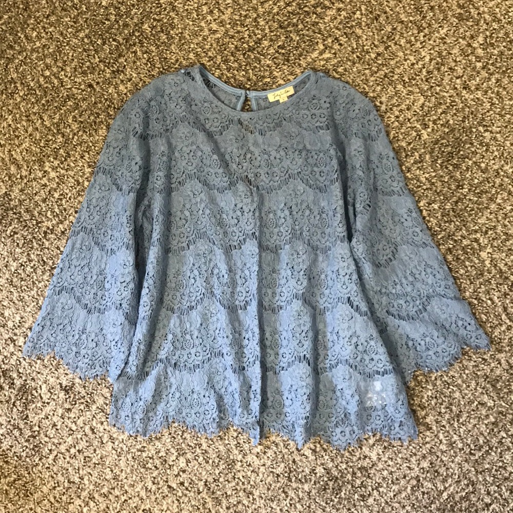 New elegant dusky blue lace knit top blouse